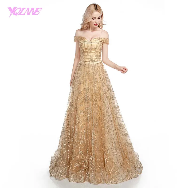 

YQLNNE Shining Gold Long Prom Dresses 2018 Off the Shoulder Tulle Lace-up Evening Gown Dress