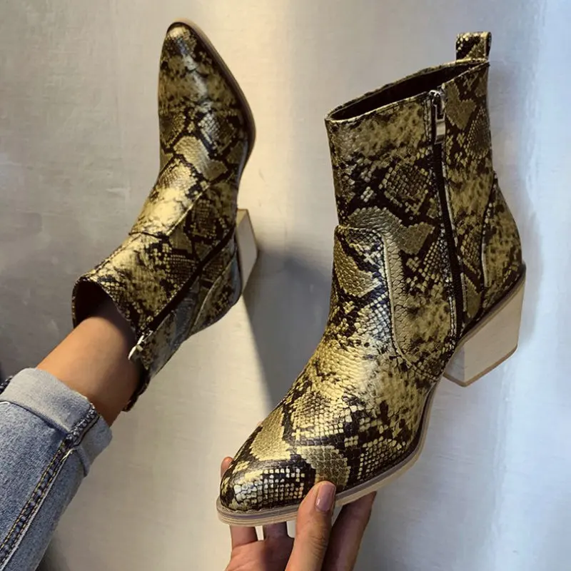 

Winter Women Ankle Martin Boots Pu Leather Snake High Heel Point Toe Platform Female Motorcycle Shoes Ladies Pumps Zapato Mujer