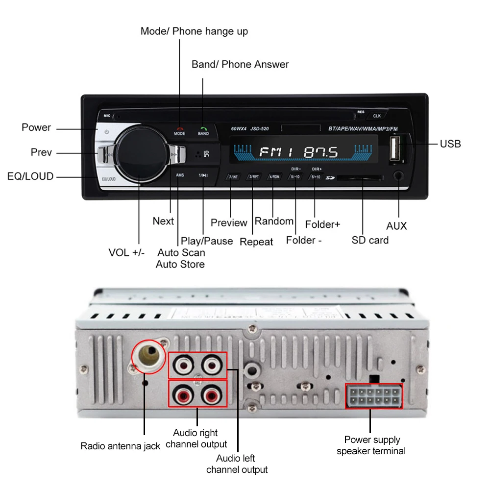 AZGIANT Авторадио JSD-520 12 В 24 В Автомагнитола Bluetooth 1 din стерео радио AUX-IN FM/USB/приемник MP3 мультимедийный плеер Автомобильный аудио