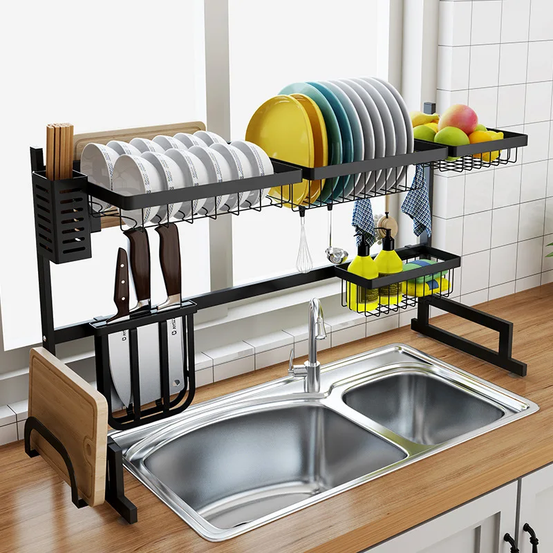  Black 65/85cm Stainless Steel Kitchen Dish Rack U Shape Sink Drain Rack Two layers Kitchen Organize - 32998818698