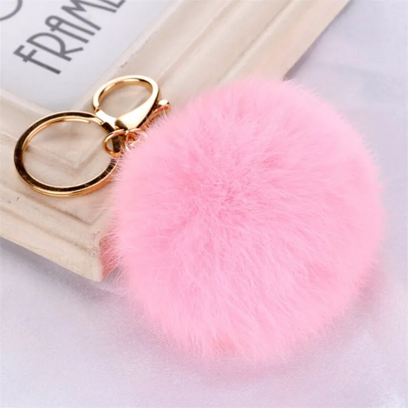 

8CM Fluffy Pompom Real Rabbit Fur Ball Key Chain Women Trinket Pompon Hare Fur Toy keyring Bag Charms Ring Keychain Wedding Gift