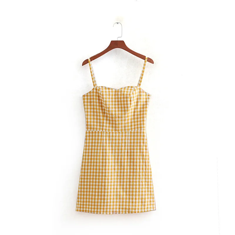 

2019 Fashion Yellow Plaid Print Mini Beach Lady dress Women Sexy Backless Summer Strap dresses Female vestidos#C841