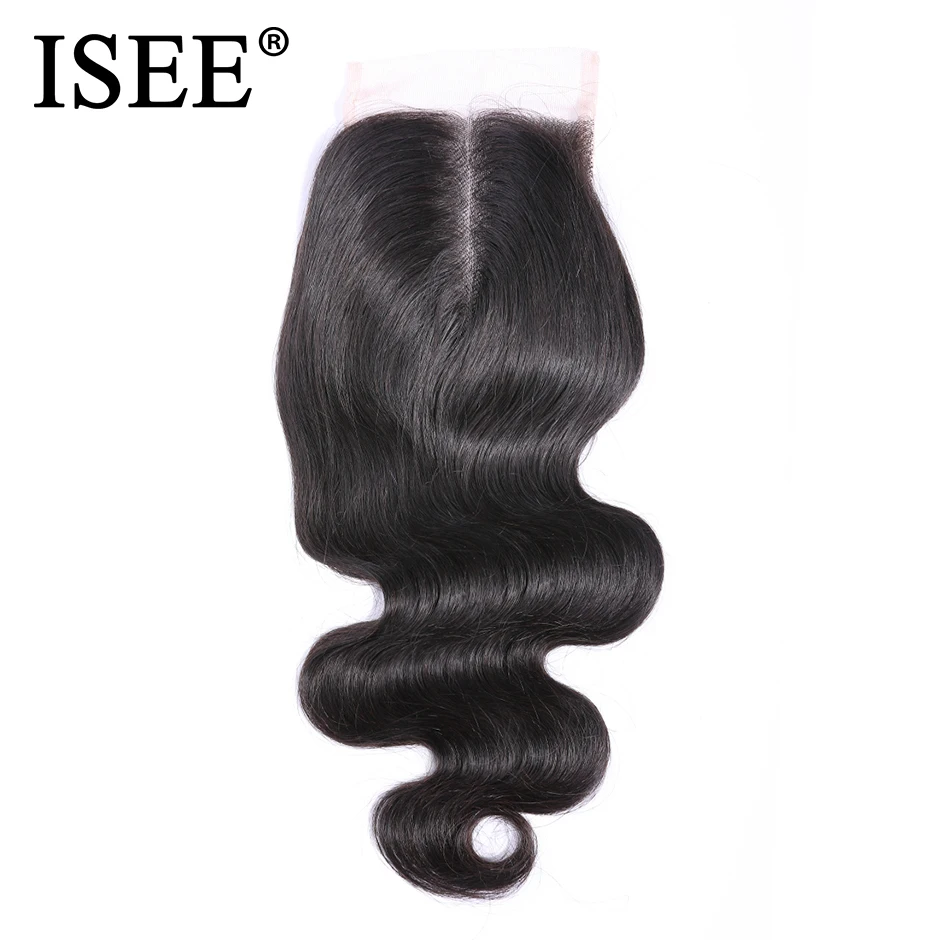ISEE волосы бразильский объемный волнистый парик с пробором посередине ручной привязанный Remy человеческие волосы 4*4 кружевной чехол натуральный цвет