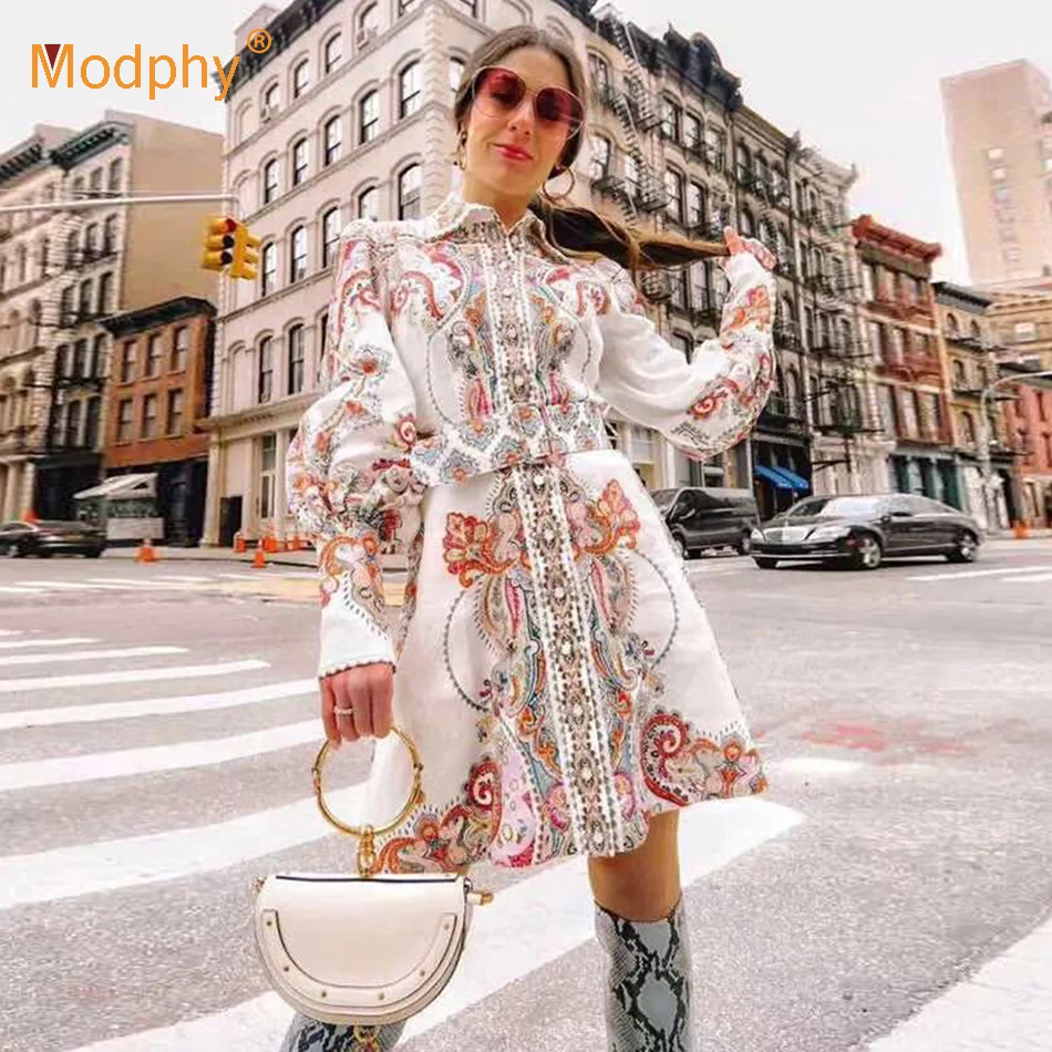 

Long Sleeve Shirt Dress 2019 Summer New Lantern Sleeve Vintage Print Dress Women's Casual A Word Mini Party Dress Vestidos