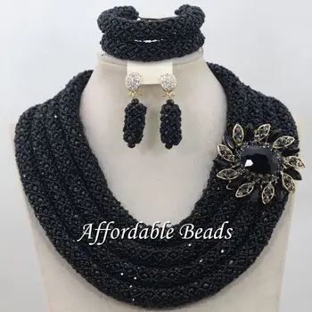

Four Rows Black Nigerian Beaded Necklaces Sets Best Selling Beads African Set Charming Design Handmade NCD072