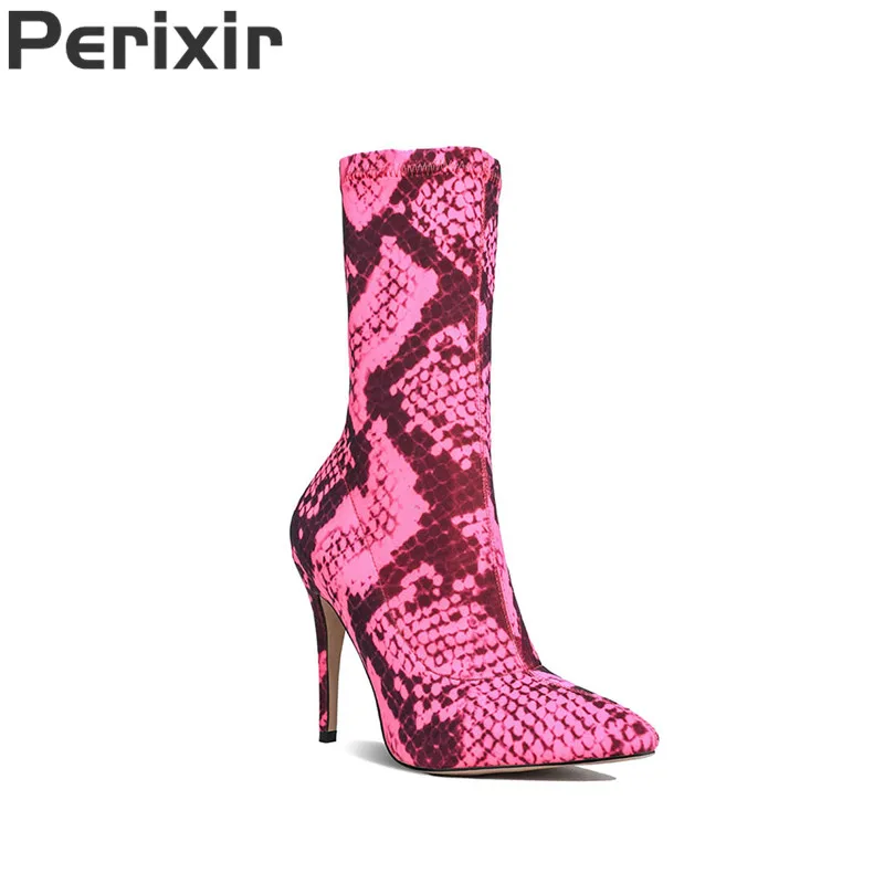 

Perixir Spring Woman Ankle Ladies Short Boots Autumn Fashion Printed Stretch Fabric Sock Boots Pointed Toe High Heels