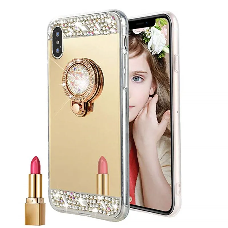 Зеркальное кольцо со стразами аксессуары для продукции Apple чехлы iPhone X XR 6 6S 7 8 Plus 5s
