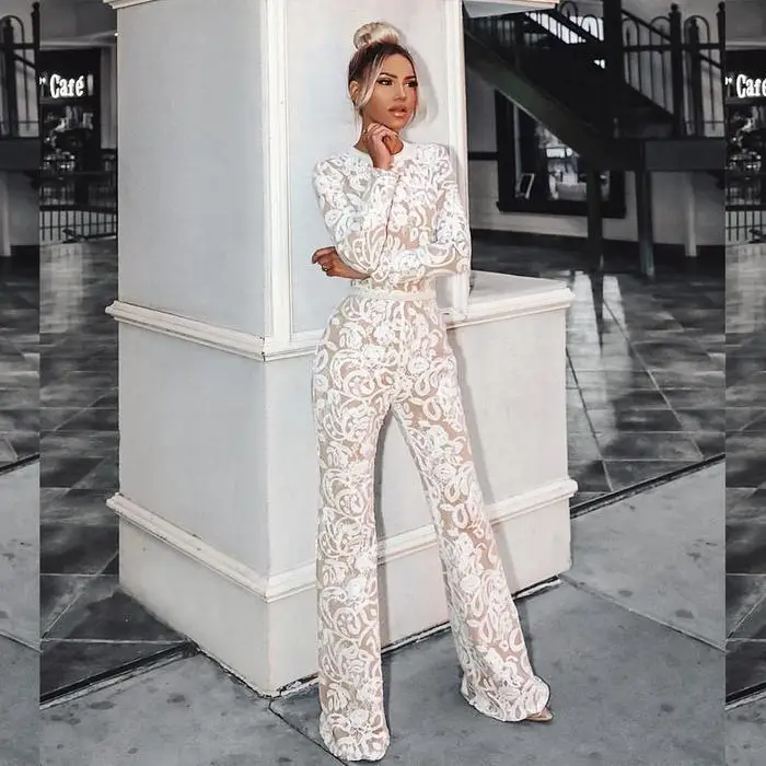 

2019 New Jumpsuit white Embroidery O-neck long sleeve Celebrity evening party Knitted bodycon Romper Bandage jumpsuits wholesale