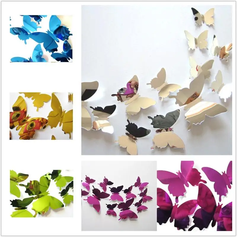 

DIY 12 Pcs Mirror 3D Butterfly Wall Stickers Home Decor Kids Gift Party Wedding Decor DIY Home Decoration PVC Art Decals