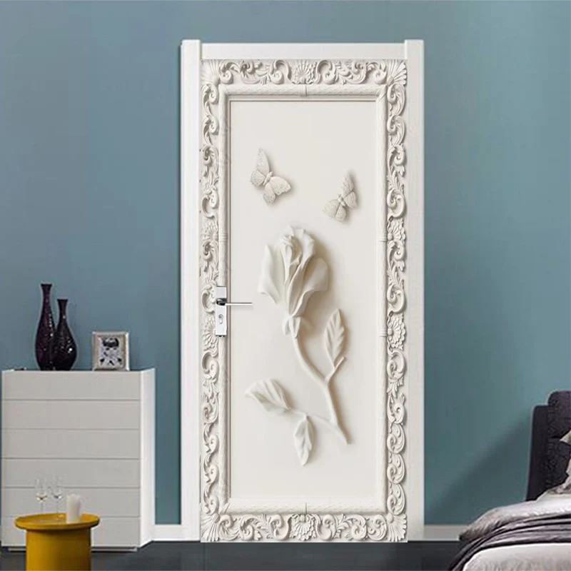 3D наклейка на дверь, европейский стиль, стерео обои в виде Розы и бабочки, для гостиной, спальни, креативные, сделай сам, декор на стену, ПВХ, самоклеющиеся, 3 D