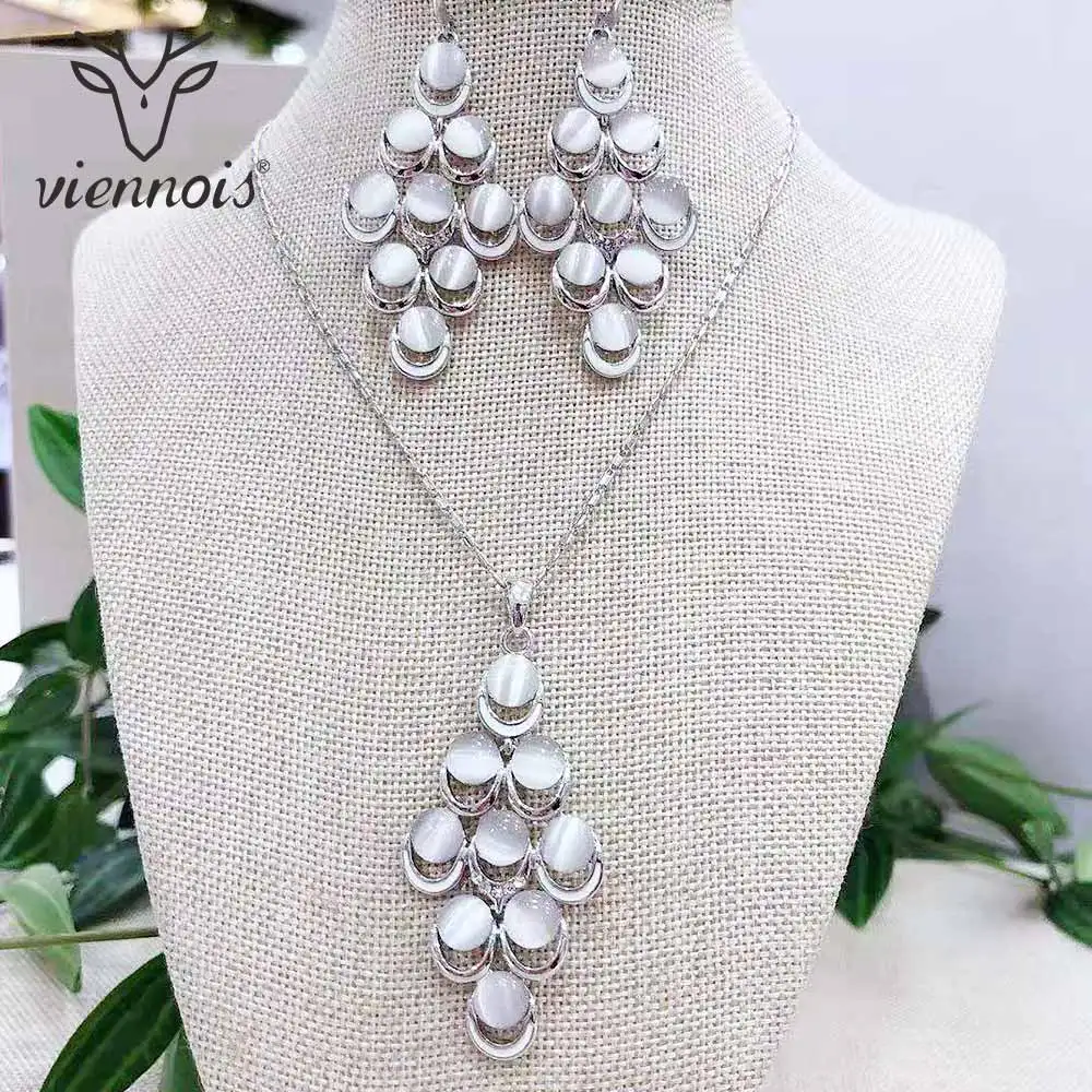 

Viennois Silver Color Opal Jewelry Sets for Women Wedding Bridal Pendant Necklace Dangle Earrings Set 2019
