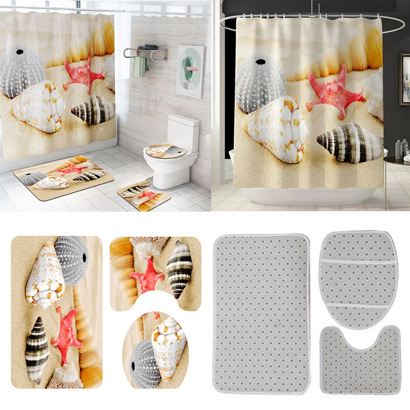 

2019 NEW 1/3/ 4 PCS 3D digital printing Waterproof polyester Shower Curtain Set Bathroom Toilet Seat Cushion Home Decor