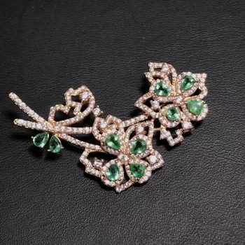 

natural green emerald gem brooch natural gemstone Luxury flowers Grape bunches brooch S925 silver women party gift party jewelry
