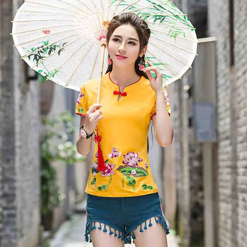 KYQIAO Большие размеры женские рубашки Китайская традиционная вышивка Топы Этнические женские рубашки синий оранжевый черный белый красный цветочный футболка - Цвет: Золотой