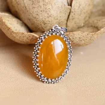 

925 Sterling Silver Bohemian style natural Semi-precious stones yellow yellow chalcedony pendant necklace gift girlfriend