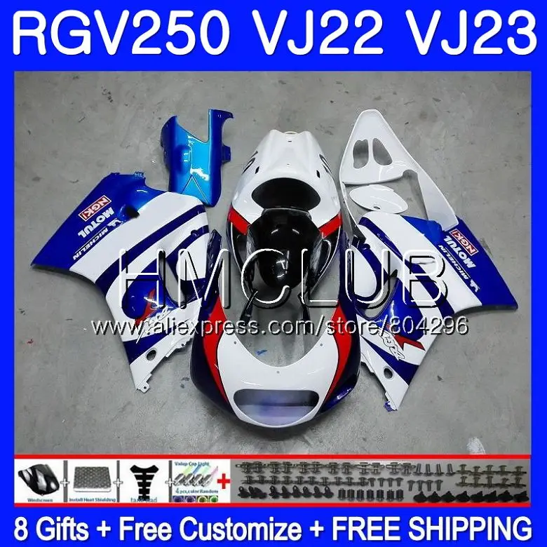 

Body For SUZUKI VJ22 RGV250 88 94 95 96 97 98 38HM.0 RGV-250 VJ23 21 RGV 250 1988 1994 1995 1996 1997 1998 Fairing Blue white