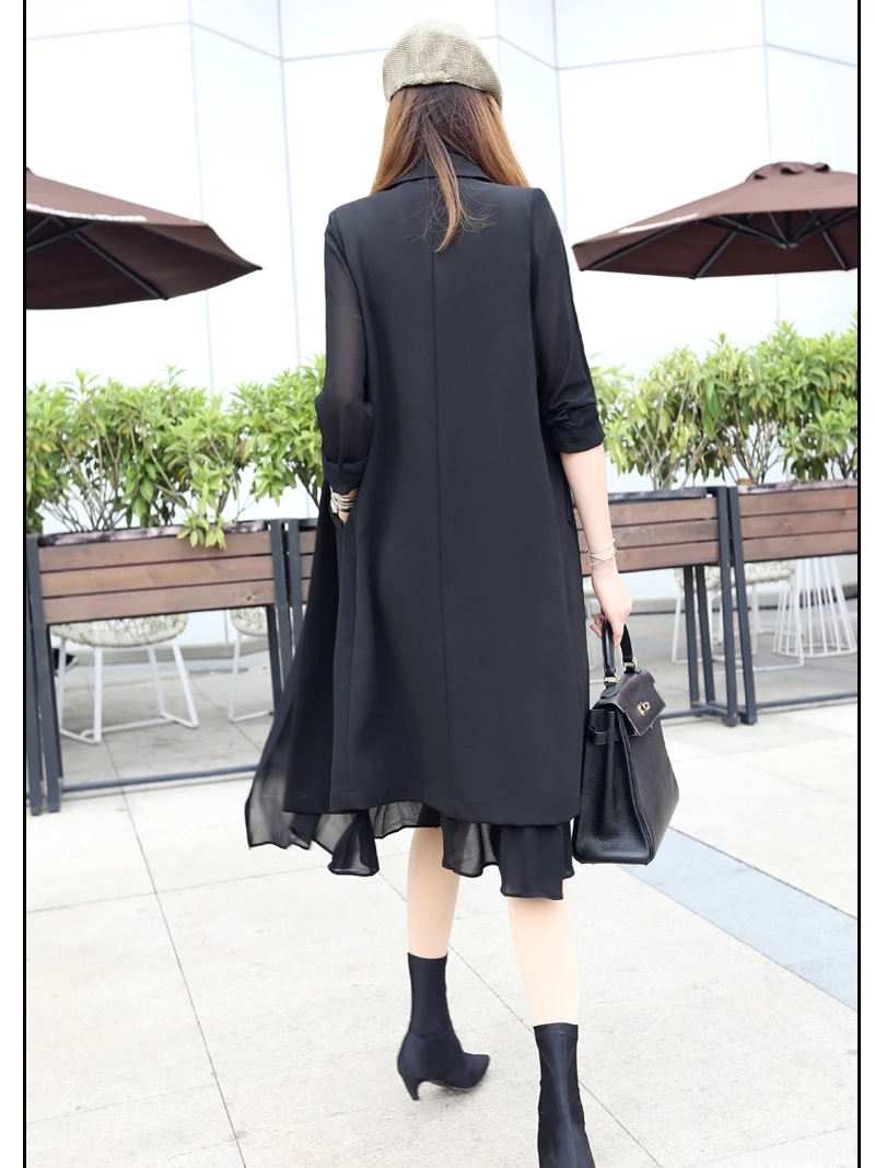 Новинка, Корейская Весенняя летняя длинная шифоновая ветровка, пиджак, женский модный черный пиджак большого размера, женская одежда X683
