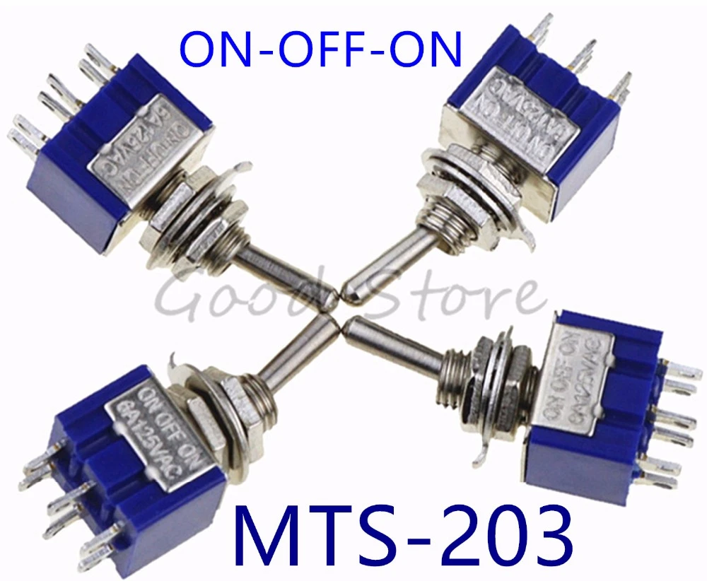 Toggle Switches 5 Pcs 3 Position Mini MTS-203 6-Pin DPDT ON-OFF-ON 6A 125VAC