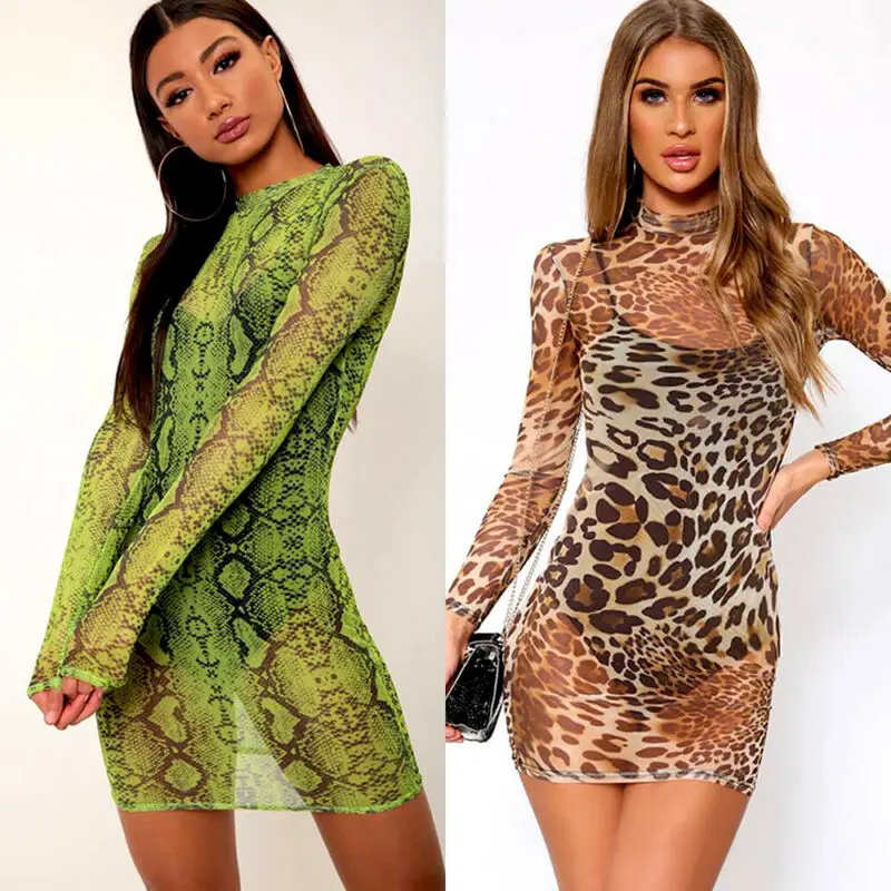 

Fashion Sexy Women's Print Long Sleeve Stretchy Package Hip Bodycon Sheer Mesh Dress Club Mini Dresses Sundress AU