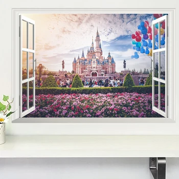 

3D Vivid Window Princess Castle Flower Wall Stickers For Kids Rooms Girls Bedroom Decorations Home PVC Decals Mural Art Posters