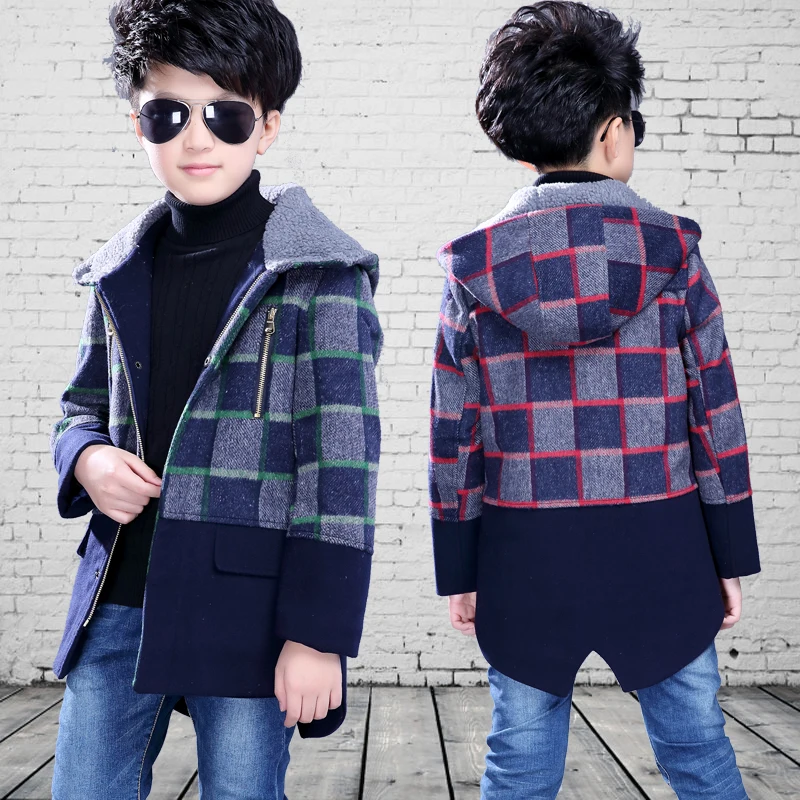New autumn winter boys jacket Bristish style plaid hooded boy outerwear coat long sleeve warm woolen