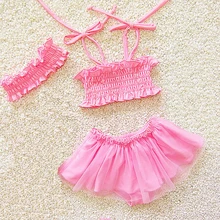 Детский купальный костюм из двух предметов, купальный костюм, милый пляжный купальник для маленьких девочек, купальник для девочек с повязкой на голову, Детский комплект бикини для девочек