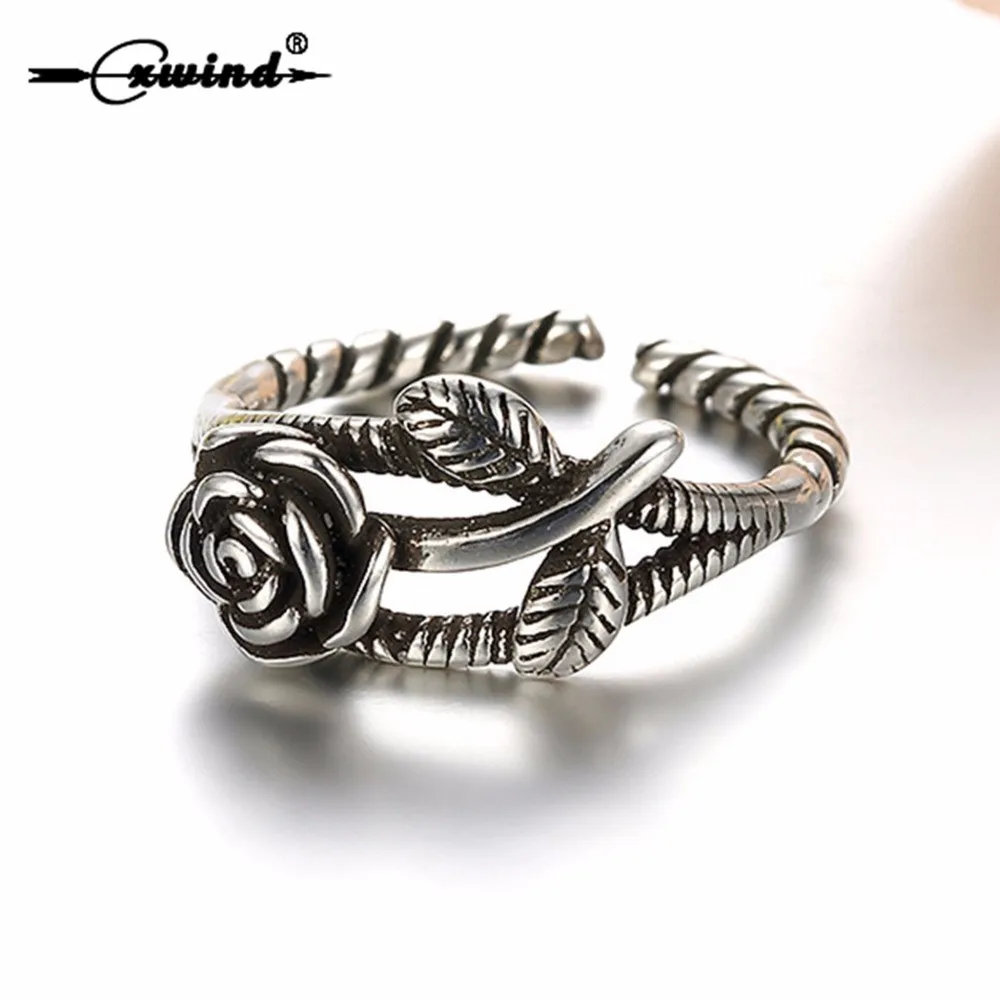 Cxwind Vintage 3D Rose Flower Leaf Open Ring 925 Stamp Cute Twist Finger Silver Plated Rings Jewelry for Women Valentine