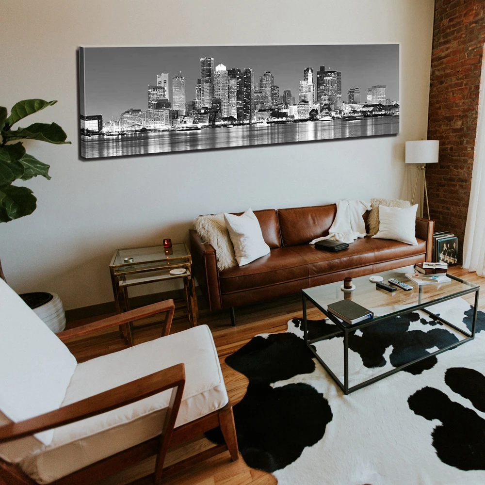 Black And White Panoramic Boston Skyline Modern Wall Art Cityscape Picture Canvas Painting for Room Office Wall Decor Home Decor