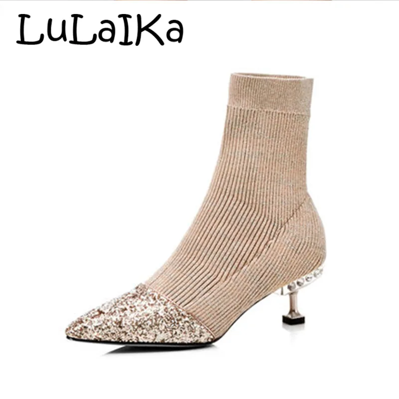 

Women Luxury Stretch Silver Metal Fabric Bling Bling Sequin Ankle Glitter Low Heel Knit Elastic Sock Boots With Rhinestone Shoes