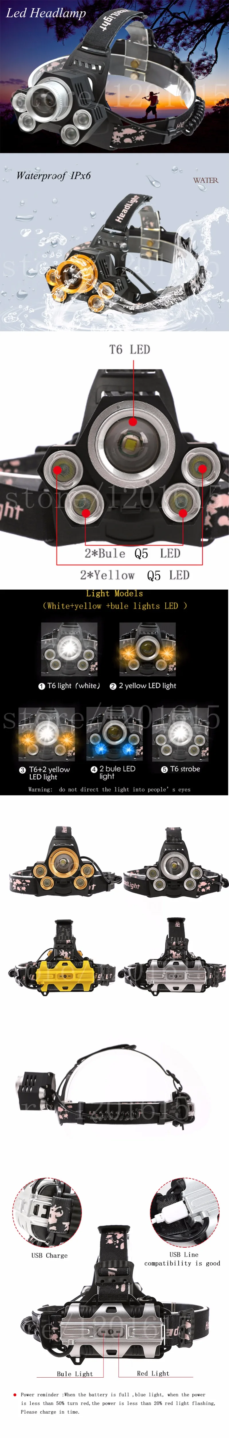 Yunmai сильный USB 5 светодиодных фары XM L T6 Q5 фар 15000 люмен Водонепроницаемый головки вспышки света лампы лагерь Поход Рыбная ловля свет