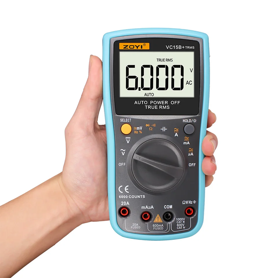 

ZOYI VC15B+ Digital Multimeter True RMS 6000 Counts Auto Range AC/DC Ammeter Voltmeter Ohm Capacitance Diode Continuity Testing