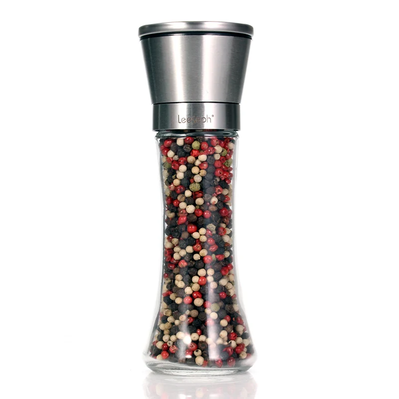 

Leeseph 18/8 Brushed Stainless Steel Pepper Mill and Salt Mill, 6 Oz Glass Tall Body, 5 Grade Adjustable Ceramic Rotor