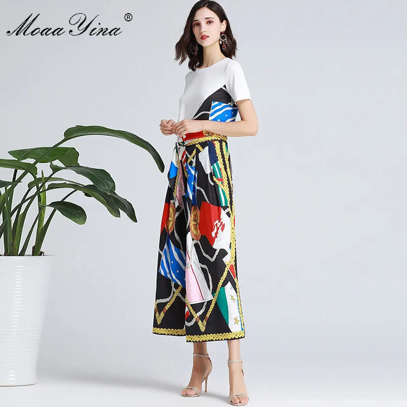 

MoaaYina Fashion Designer Set Spring Summer Women Short sleeve Ribbon T-shirt+Stripe Print Wide leg bell-bottoms Two-piece suit