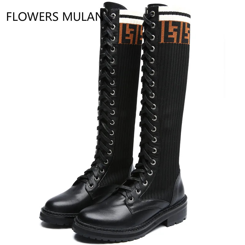 

Zapatos De Mujer Hot Selling Women Long Boots 2019 Luxury Designer Leather And Sock Lace Up Chunky Heels Women Shoes