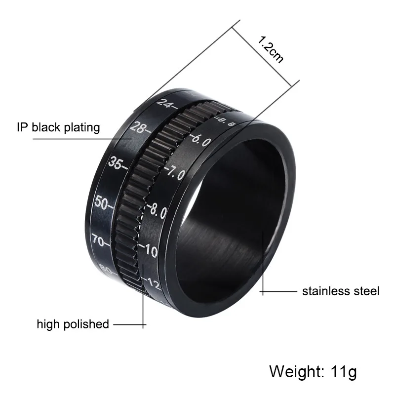 Кольцо в стиле панк, 12 мм, нержавеющая сталь, мужское кольцо, вращающийся объектив камеры, телеобъектив, черное вращающееся кольцо, модные мужские вечерние ювелирные изделия