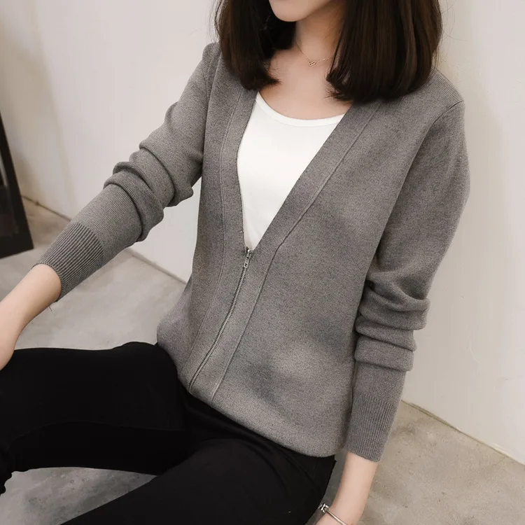 

2017 Spring Autumn New Korean Women's V Neck Zipper Sweaters Knitted Cardigans Female Long Sleeve Cardigan Sweater Femme Tricot