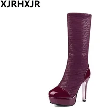 XJRHXJR/женские модные сапоги до колена из змеиной кожи в стиле пэчворк на толстом каблуке пикантные высокие сапоги на высоком каблуке Большие размеры 30-48