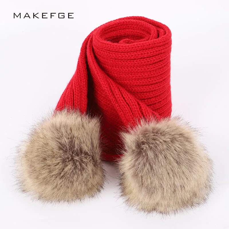 

Children's knit autumn and winter warm and comfortable solid color scarf boys girls universal raccoon fur pom-pom kids Scarves