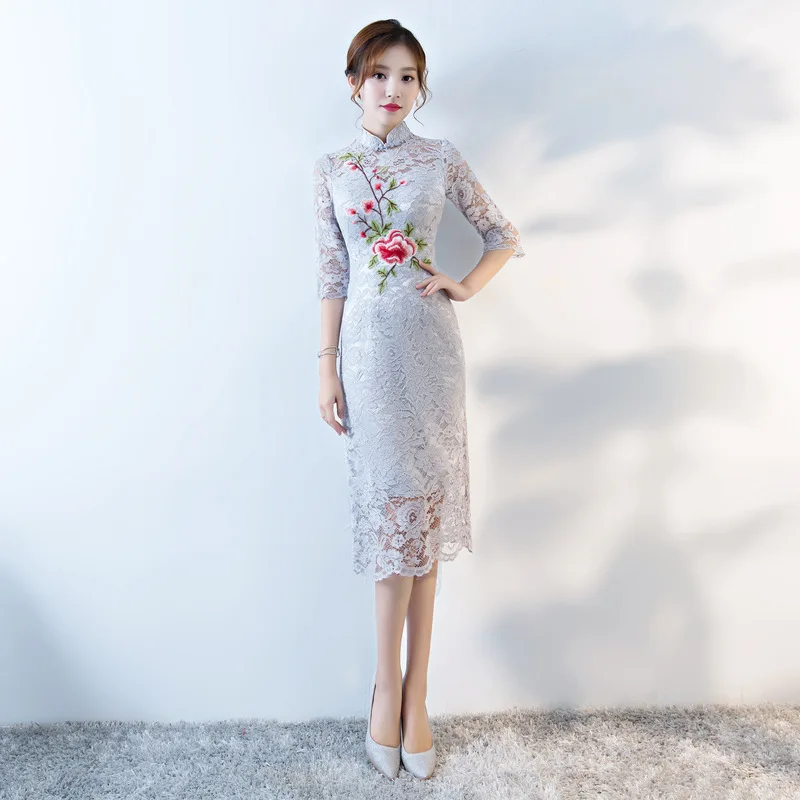 Ретро Вышивка Кружева Cheongsam моды китайский Стиль женские длинные Qipao пикантные тонкие Вечерние вечернее летнее платье Vestido Размеры S-XXXL