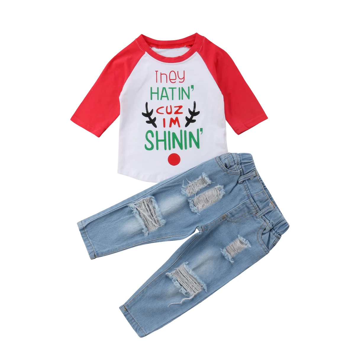 2PCS Toddler Baby Boy Cotton Tee T-Shirt+Denim Hole Pants Outfits Clothes Set |