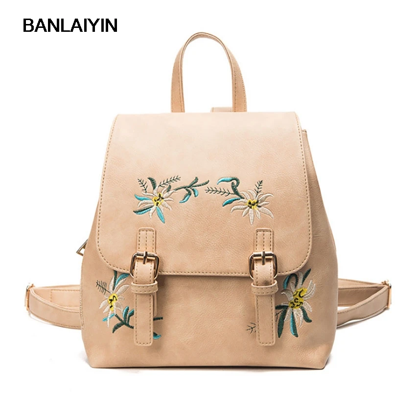 Pop Tide Embroidery Flower Women Causal Backpacks High Quality Female PU Leather Backpacks School Bag For