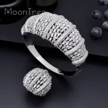 

MoonTree Boom Flowers AAA Cubic Zirconia Fashion Luxury Super Copper Women Party Engagement Width Bracelet Bangle And Ring Set