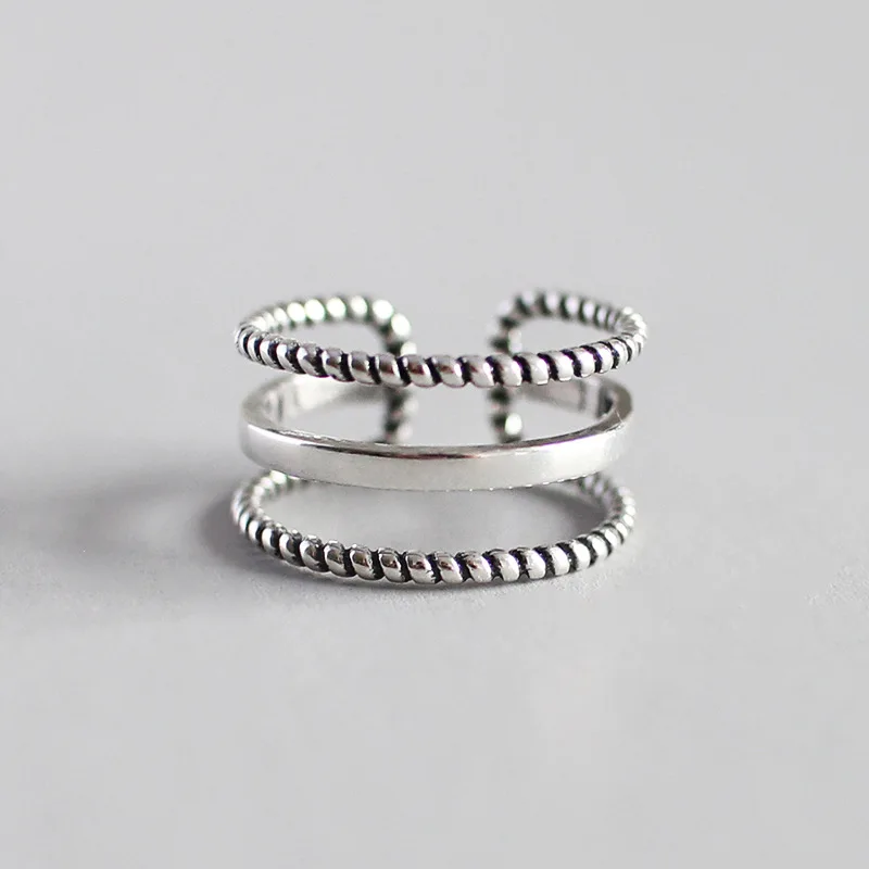 

retro Authentic S925 Sterling Silver FINE Jewelry Vintage Retro Twist roped Three Layers /MULTI-ROWS Long Rings adjust TLJ613