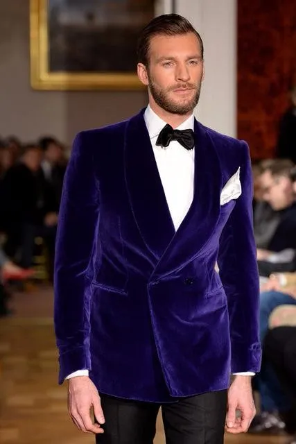 16-1 Purple Velvet Men Suits Custom Made Double Breasted Tuxedos 2 Pieces Formal Blazer Custom Party Vestidos (Jacket+Pants+BowTie)