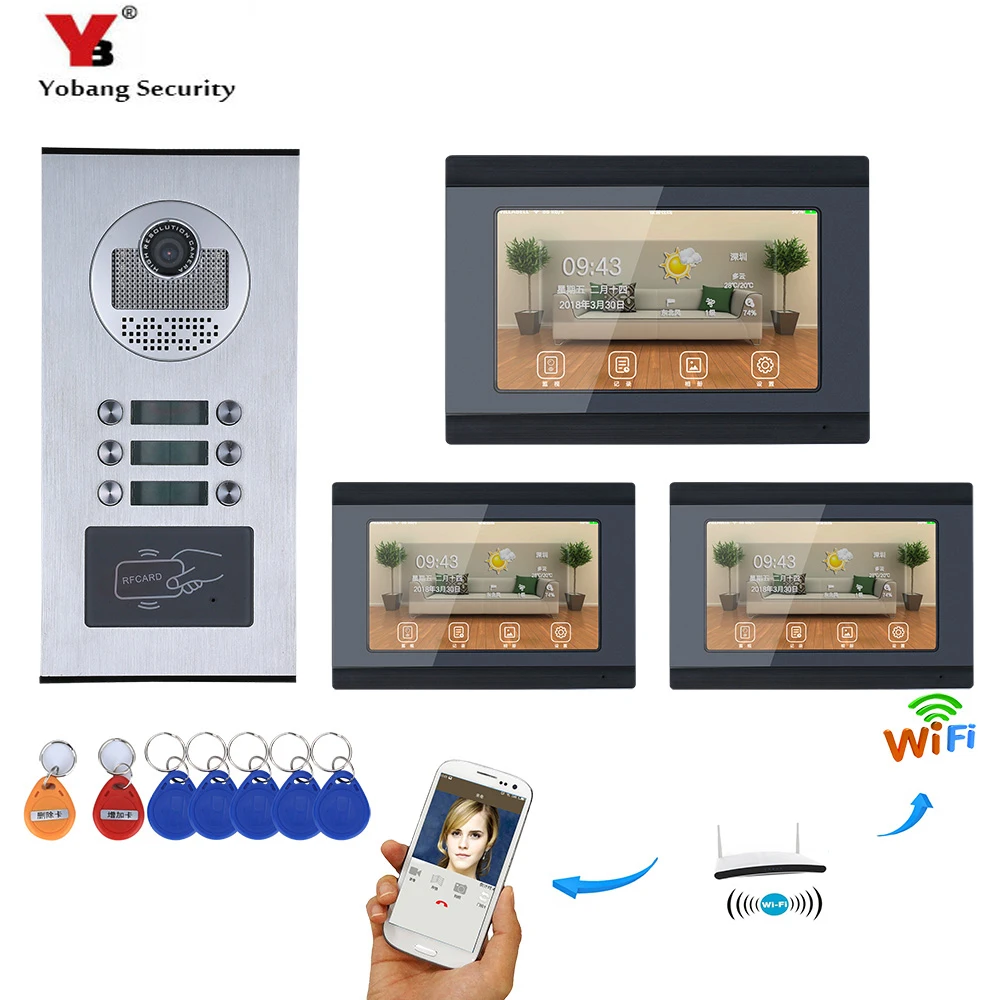 cheap YobangSecurity 3 Units Apartment Wifi Wireless Video Door Phone Doorbell Intercom Camera KIT Video Recording With 7 Inch Monitor
