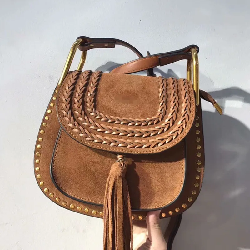 2018 Fashion New Women Lady Genuine Leather Rivet Tassel Knitting Saddle Handbags Shoulder Bag Messenger Bags 2018 Fashion New Women Lady Genuine Leather Rivet Tassel Knitting Saddle Handbags Shoulder Bag Messenger Bags