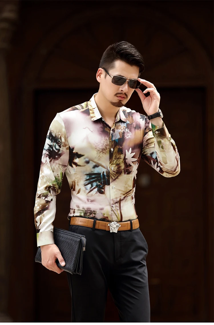 Мужская шелковая хлопковая рубашка с длинным рукавом в британском стиле, мужская повседневная деловая рубашка, тонкая рубашка с цветочным принтом для мужчин, тонкая мягкая рубашка