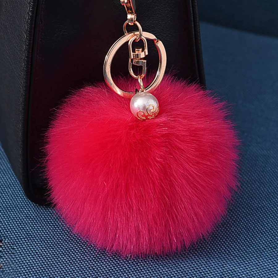 

8CM Pom Pom Ball Keychain For Women Bag Purse Car Styling Key Ring Chains Fluffy Artificial Rabbit Fur Keychain Pompon Keychain