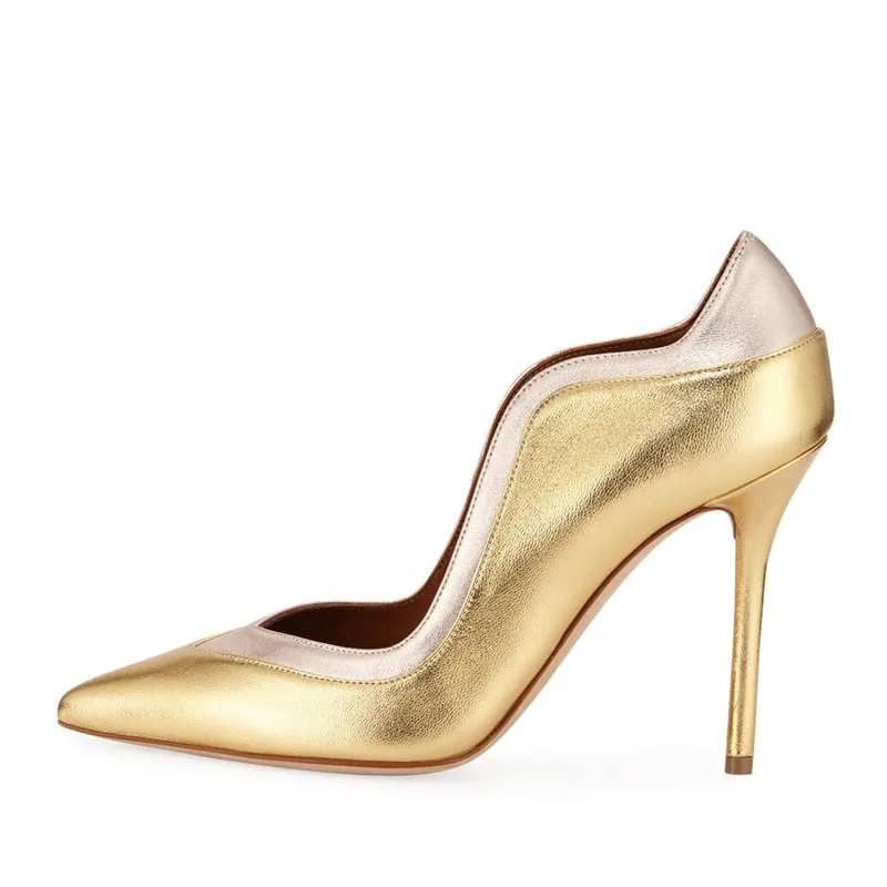 

2019 Ladies Gold Patchwork High Heels Pointed Toe Pumps Stiletto Wedding Bridal Shoes Slip-On Dress Party Thin Heels Shoes Women