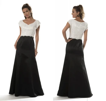 

White and Black Long Modest Bridesmaid Dresses 2019 With Cap Sleeves Lace Bodice Satin Skirt Trumpet Women Wedding Party Dress